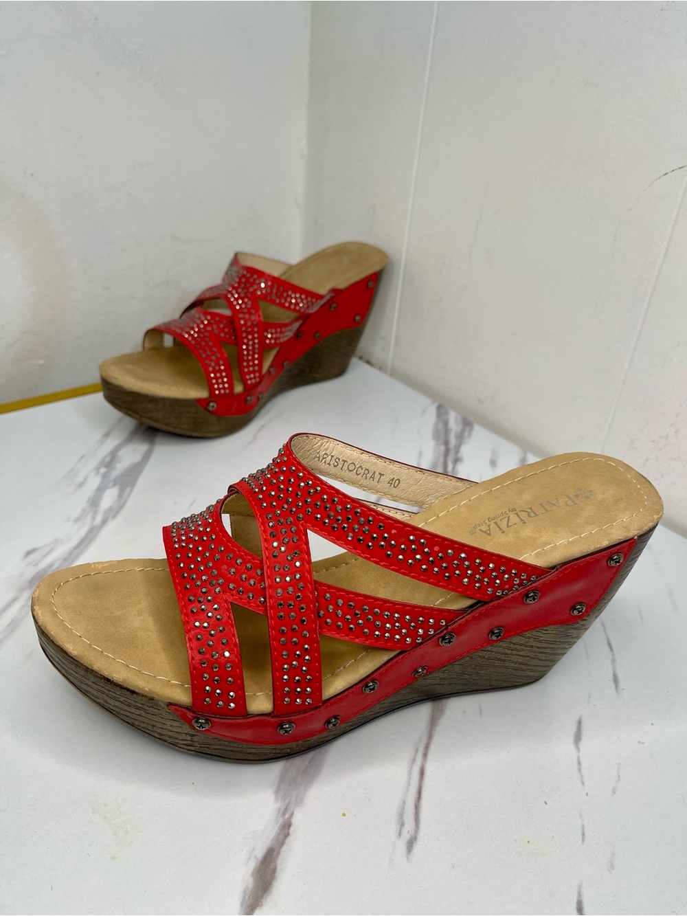 Red Studded Wedge Sandals by Aristocrat Slip-On Womens Wedges 40/ 9.5-10 western